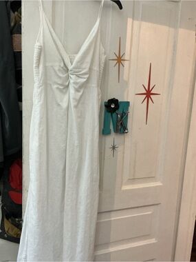 aerie White Smocked Maxi Dress with Spaghetti Straps